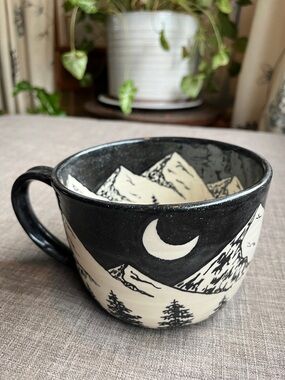 Large Ceramic Handmade Mug Mountain Moon Stars Black Sparkle by Laura Berg